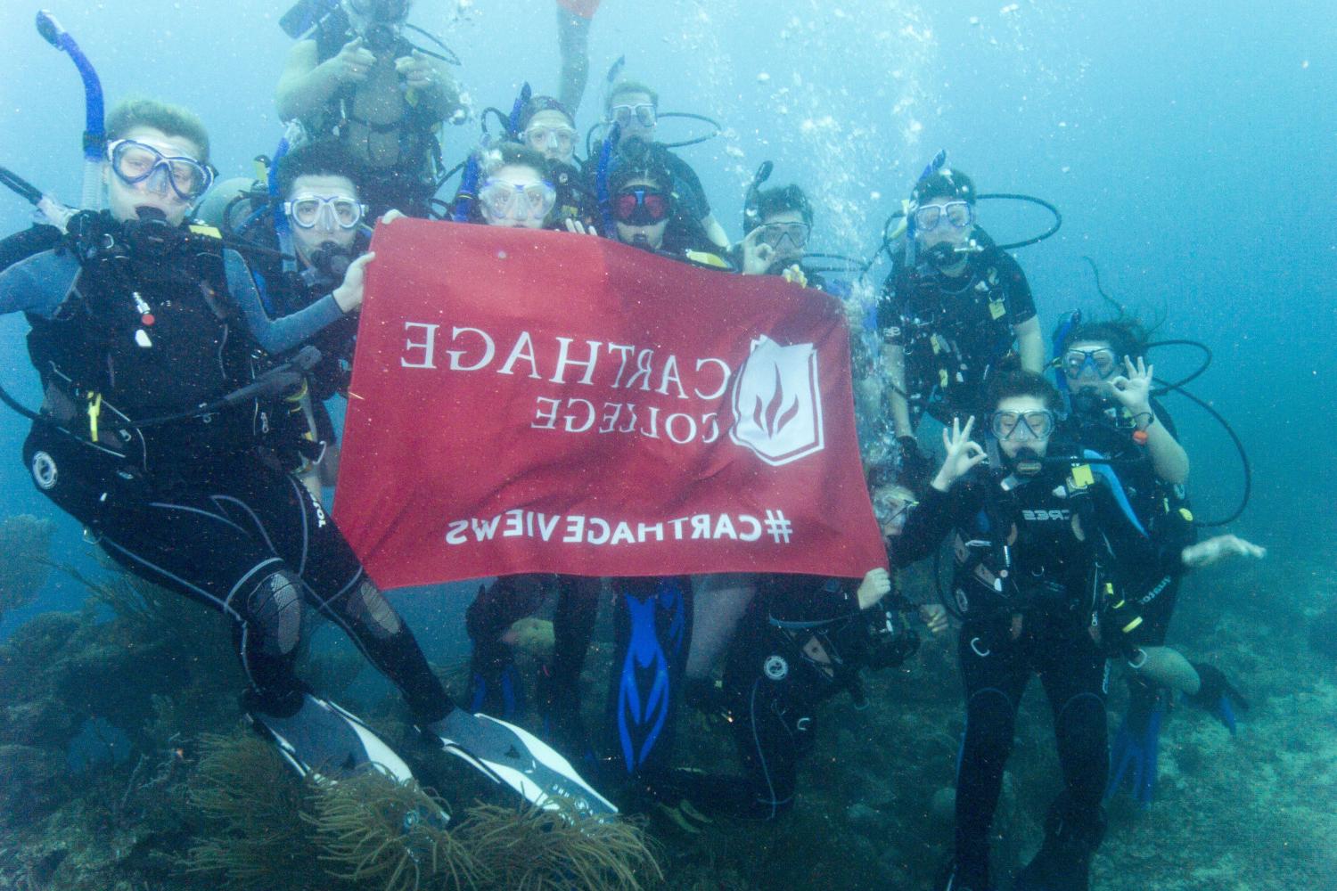 学生们手持<a href='http://5g0xii.hoyao.net'>博彩网址大全</a>旗帜，在j学期洪都拉斯游学之旅中潜水.